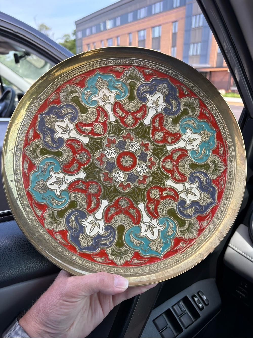 Brass Decorative Plate - Red, Turquoise, Navy & Olive
